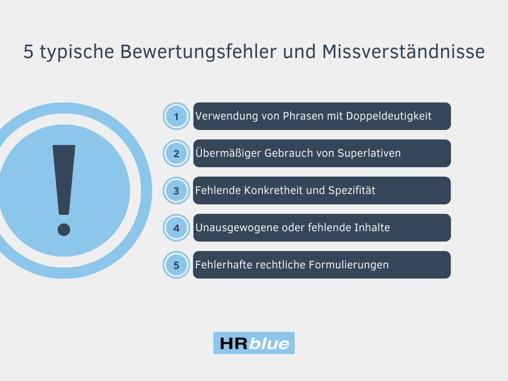 5 häufige Bewertungsfehler und Missverständnisse in Arbeitszeugnissen in der HRblue Grafik